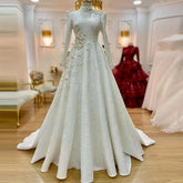 Lace Long Sleeve Muslim Wedding Dress for Bride A-Line Dubai Arabic Bridal Dresses Flowers Beaded Vestido De Novia Ivory